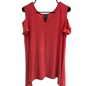 Clara Sunwoo Cold Shoulder Tunic Top Coral Sz Medium Asymmetrical Lagenlook